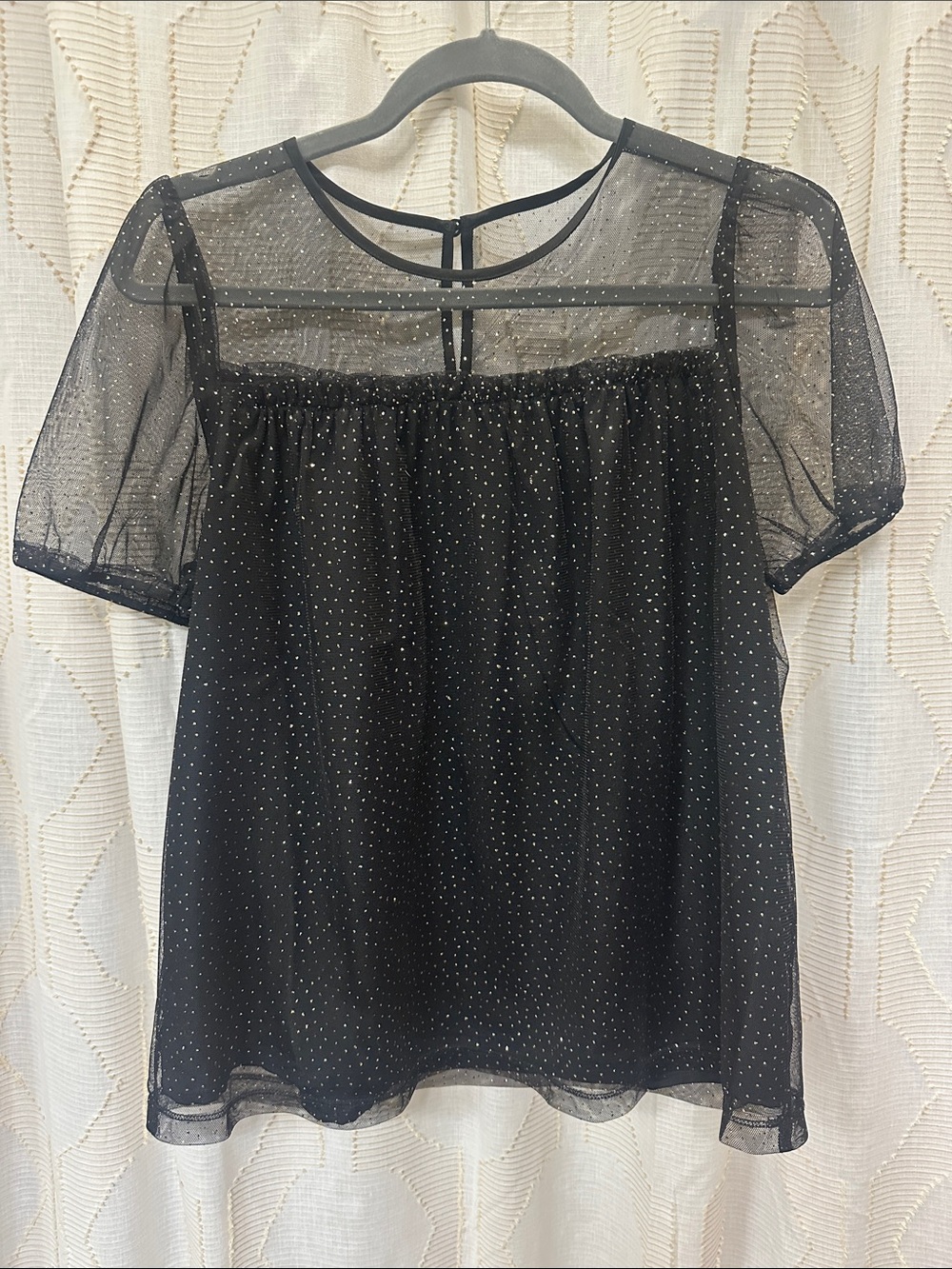J. Crew Black and Gold Dot Short Puff Sleeve Blouse